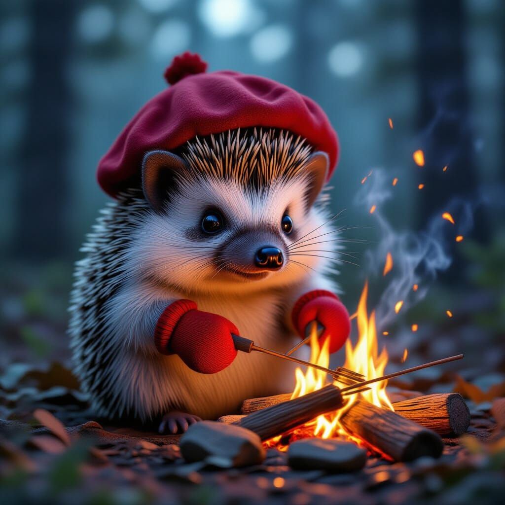   Hyperdetailed, photorealistic close-up portrait of a hedgehog wearing a beret and mittens, roasting shashlik over a campfire late at eveni...