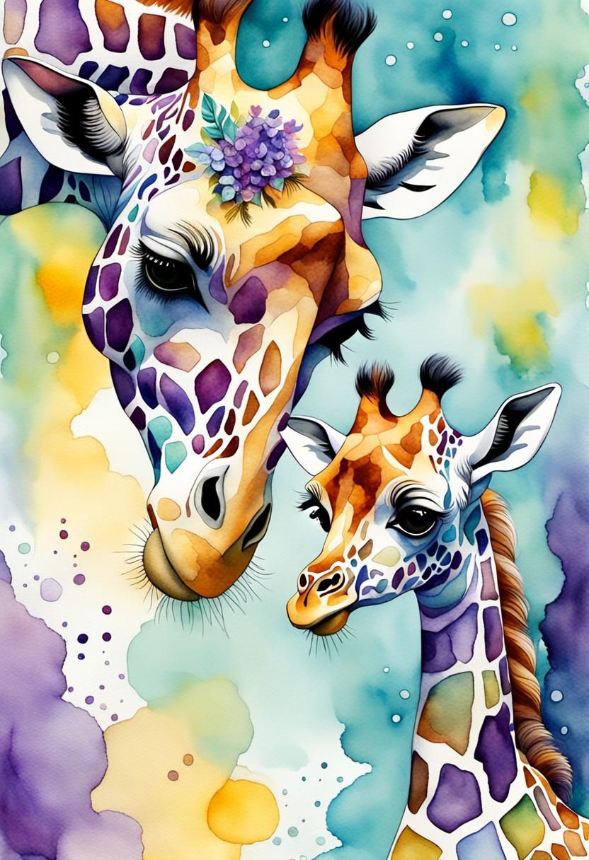 Mother and baby giraffe, whimsical in the style of Klimt, vi...