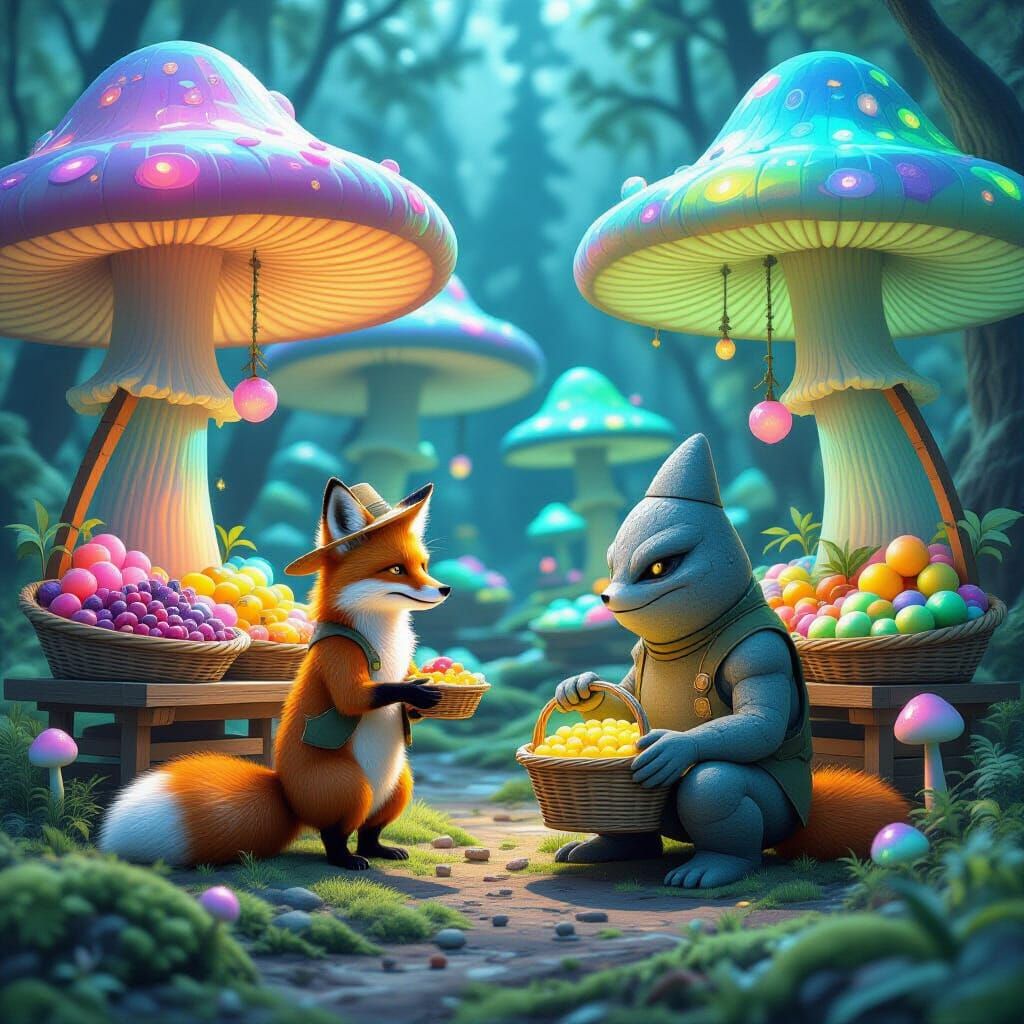 A surreal landscape where giant, iridescent mushrooms serve as market stalls, each displaying peculiar, glowing produce like 'dream berries'...