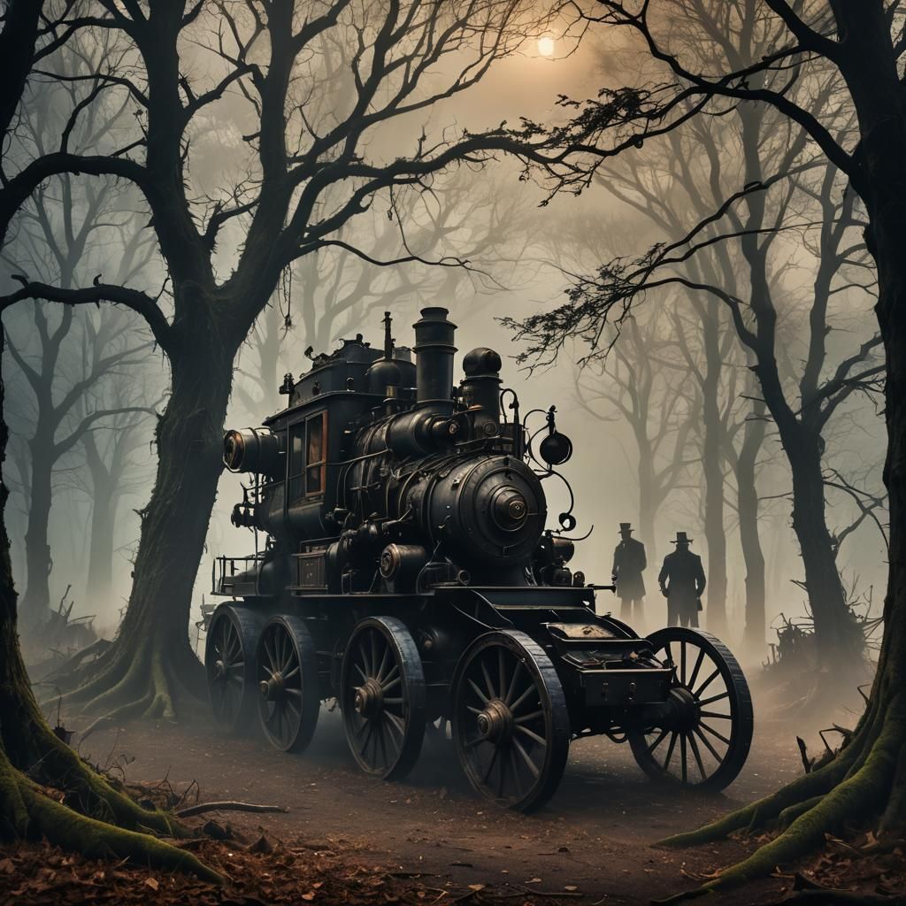 ghostly figures, hidden behind trees, leaning forward, eerie expressions, scaring passers-by, misty forest, twilight lighting, steampunk ele...