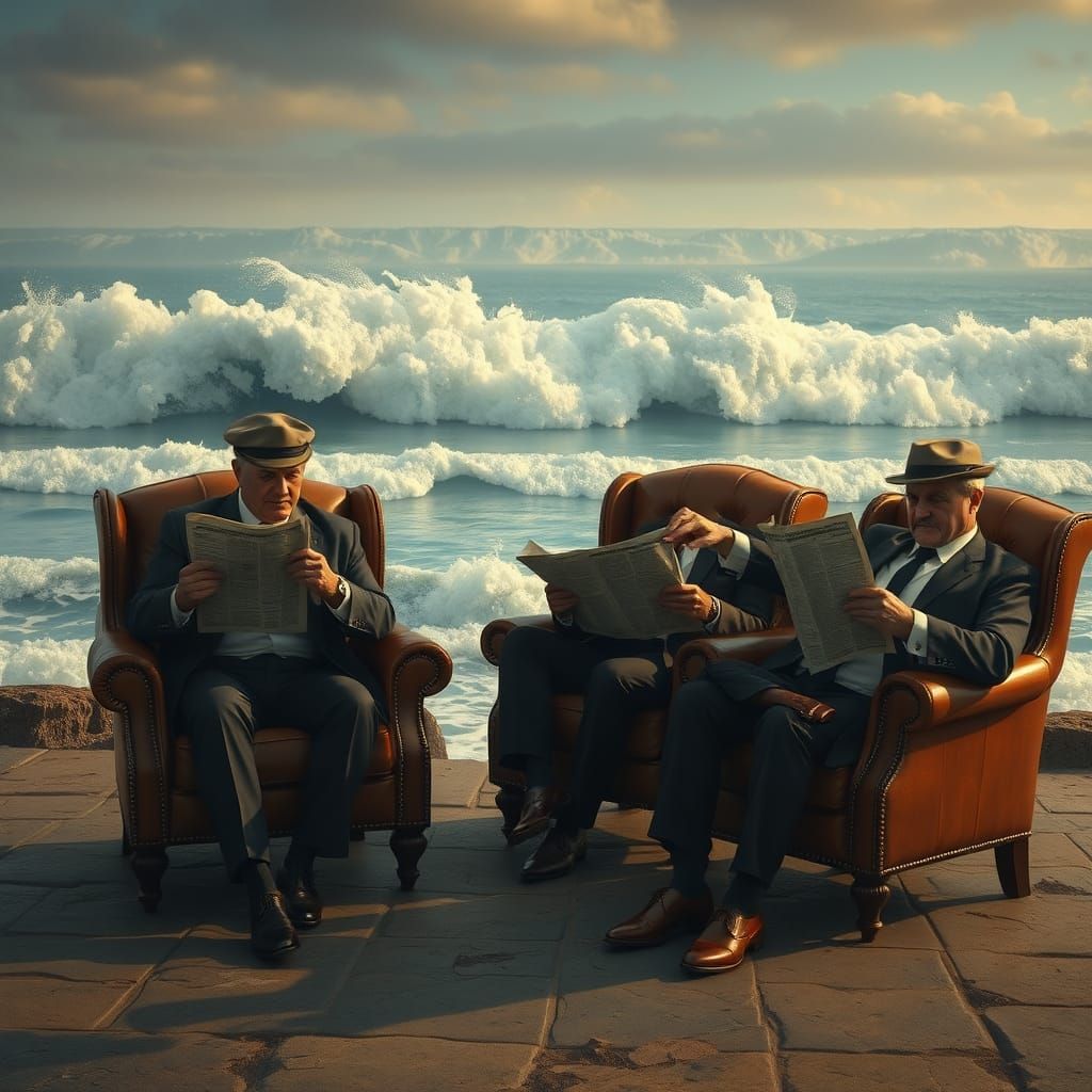 Three noble gentlemen in suits are sitting in leather chairs ant the ocean shore and reading newspapers. Ocean waves slo...