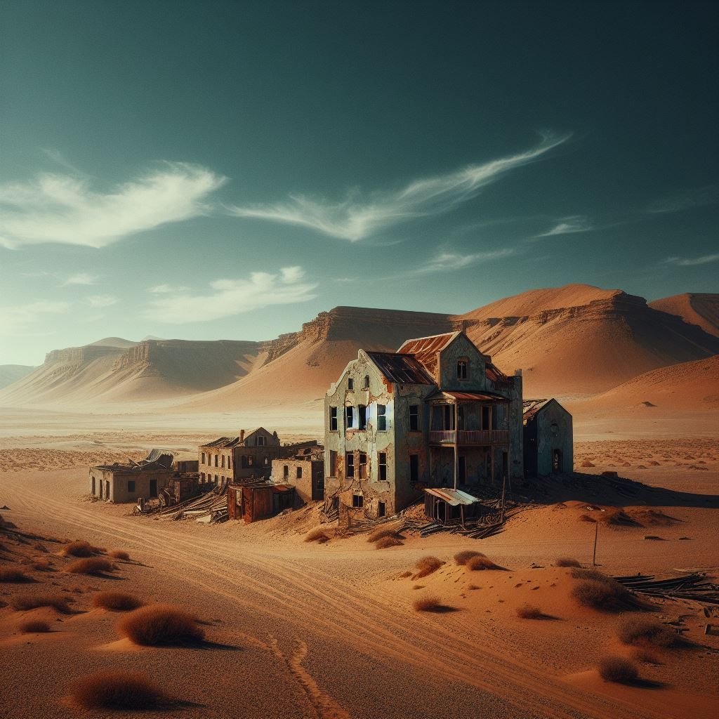 Derelict buildings in the middle of a desert, abandoned and in various states of disrepair