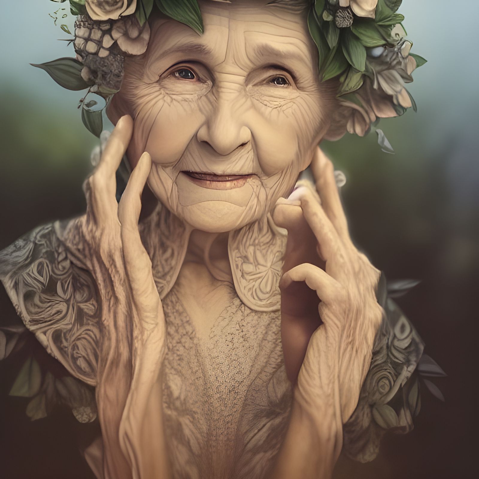 *old woman of plants and flowers, smiling, deeply lined, Insanely Detailed and Intricate, Artgerm, WLOP, ... undefined