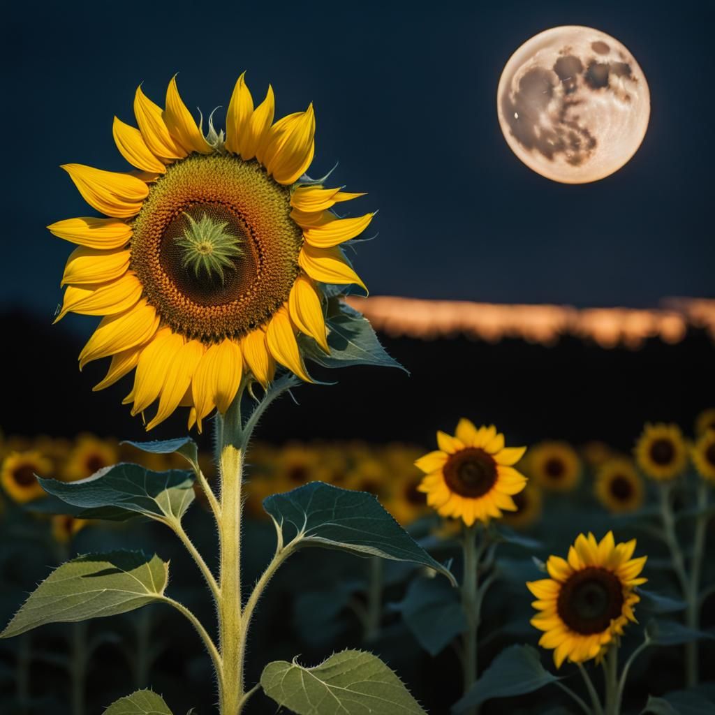 A large sunflower illuminated by the light of a full moon 