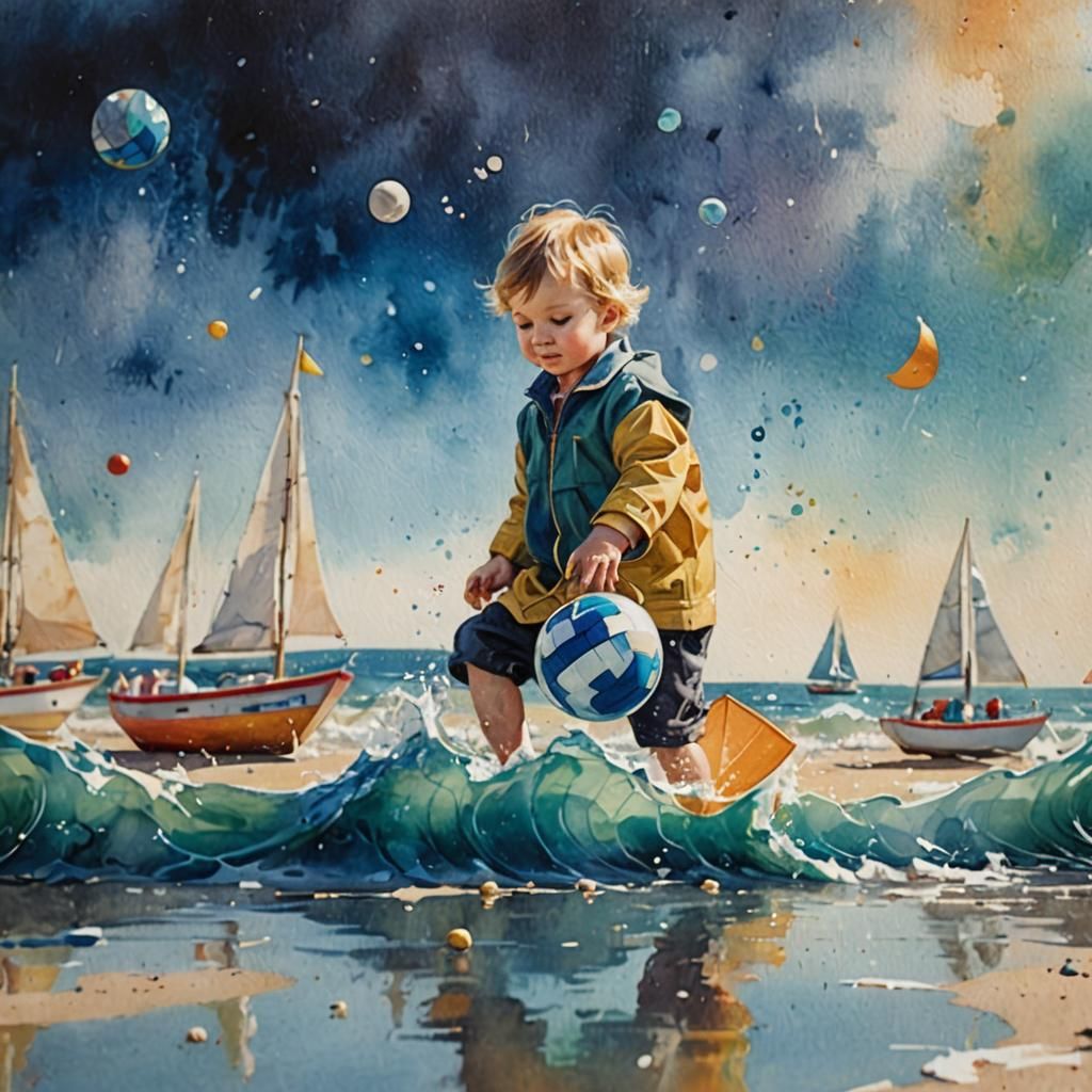 Toddler Playing on Beach in Mixed Media Artwork