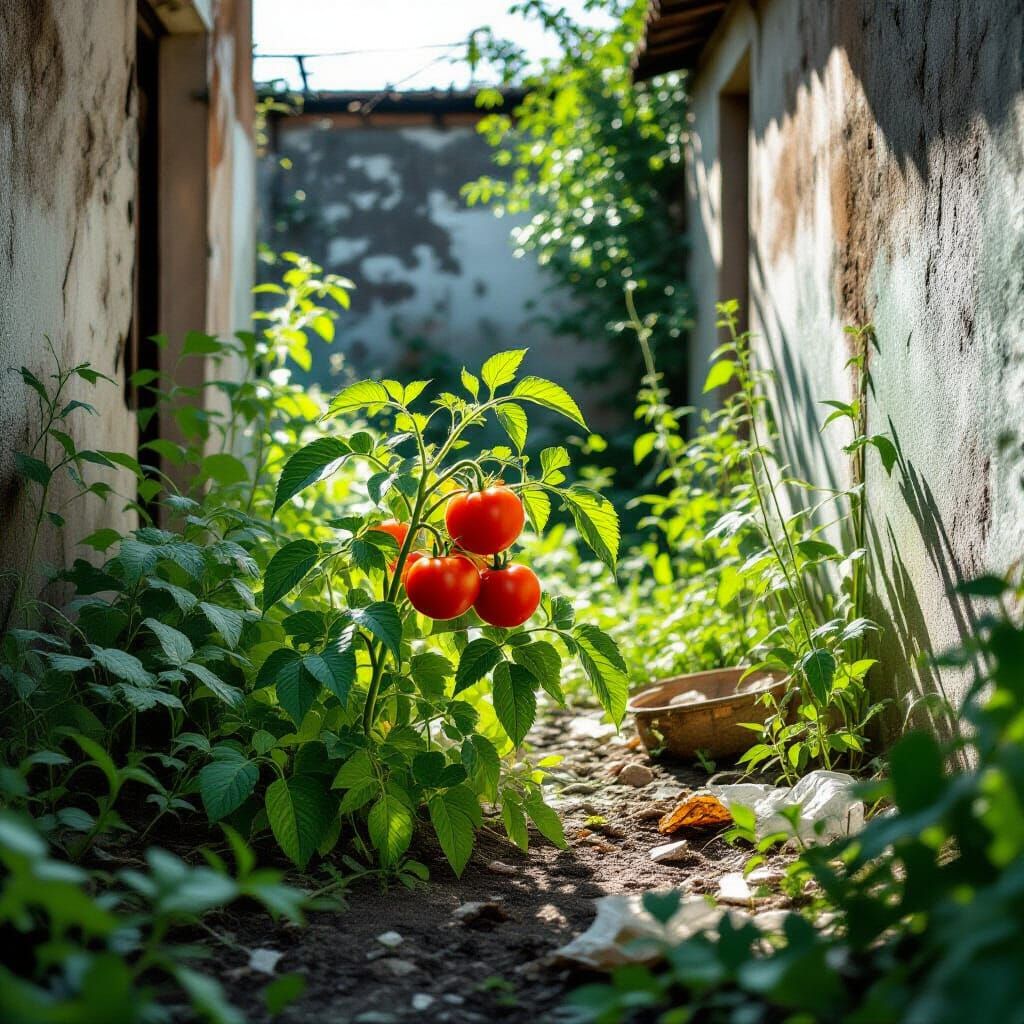 Vibrant Tomato in Overgrown, Gritty Courtyard Garden