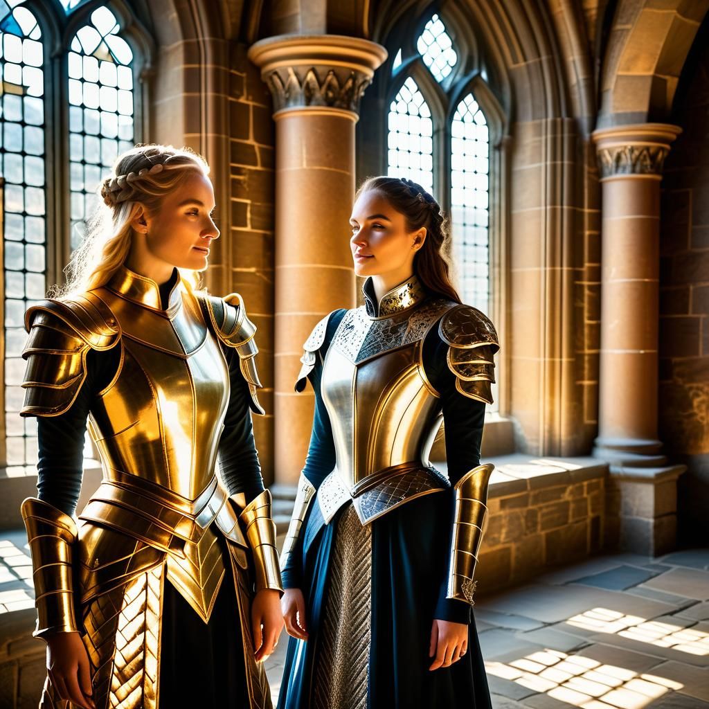 Two Ladies talking in a palace hallway...