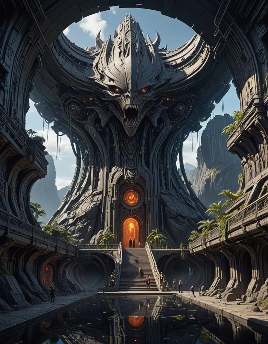 A hidden volcanic island lair, carved into the heart of a dormant volcano. The interior is a stark contrast ...  by @The Artlete 