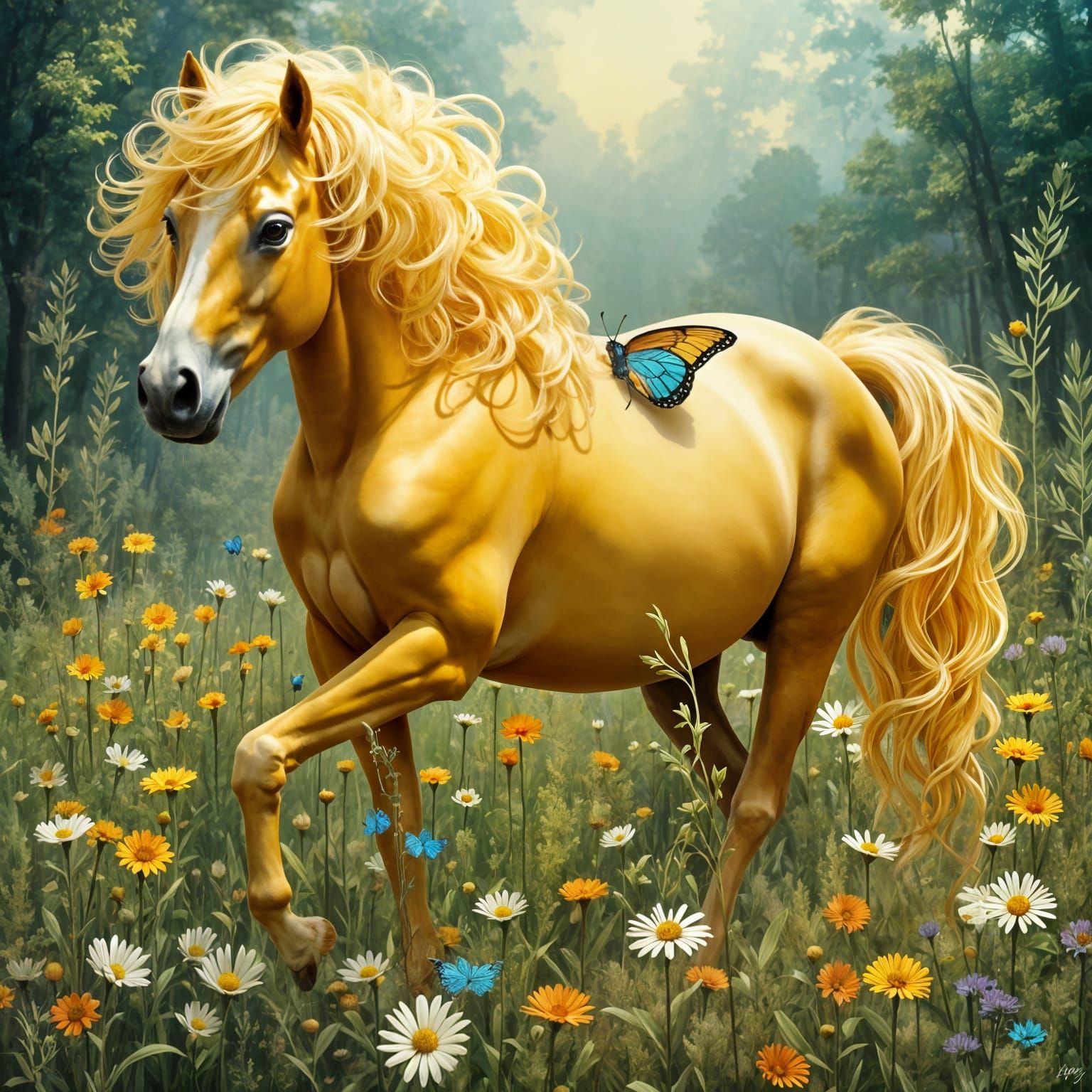 yellow topaz horse with a blue butterfly sitting on its back<lora:Double Detailer v2:1.0> 