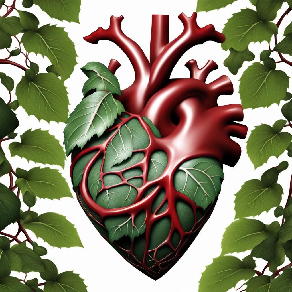 beating realistic heart encased in a leafy vine, highly detailed, high