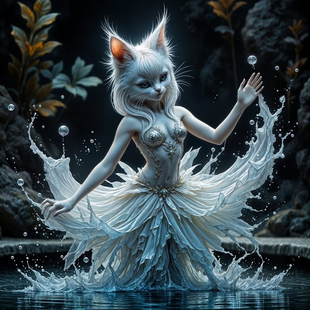 An elegant cat woman performs a graceful water ballet in a moonlit fountain (2)