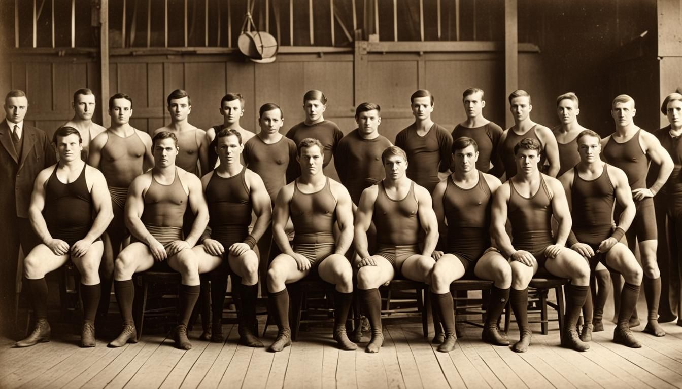 Vintage photo of athletic men wrestlers and boxers, in an old gym ...