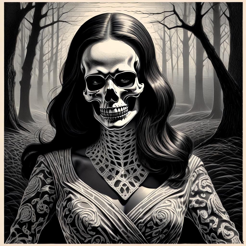 Girl with Death Mask (She Plays Alone) in the style of Virgi...