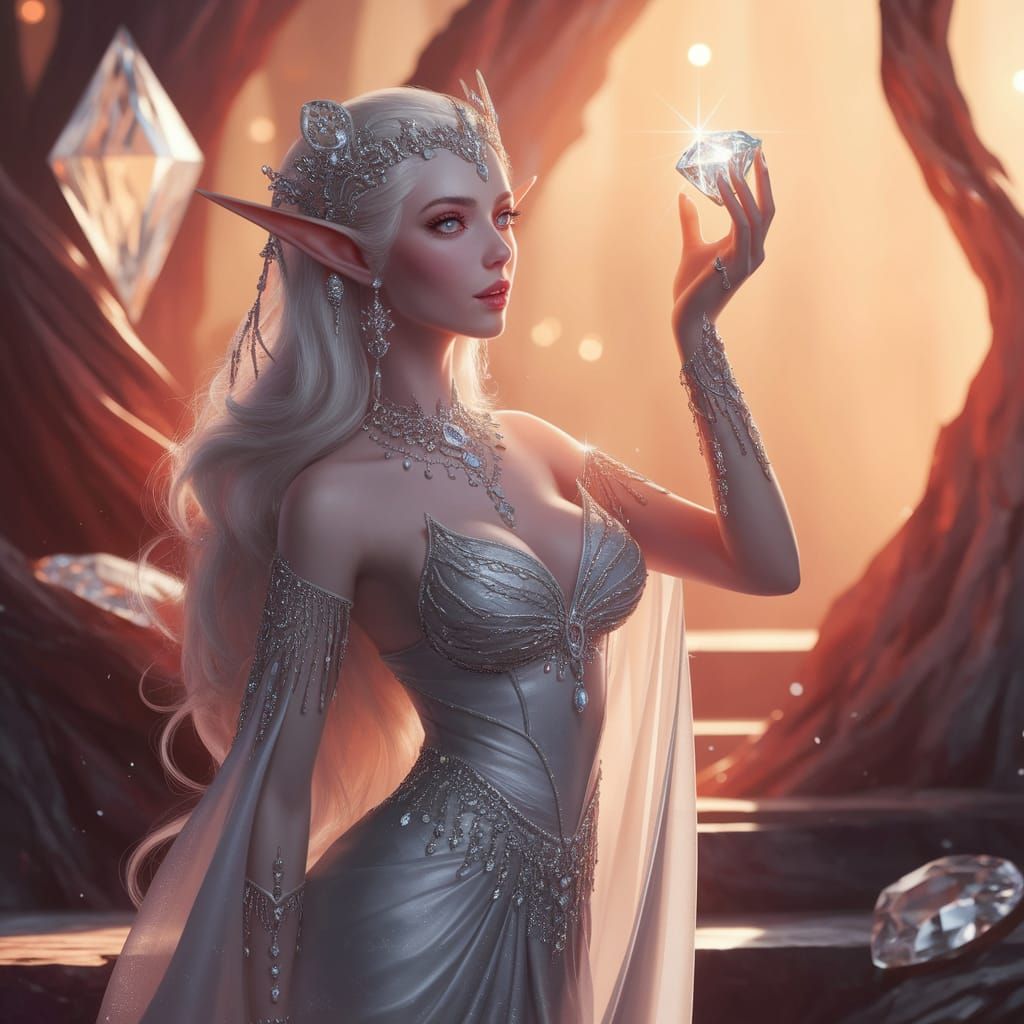 Enchanting Elf in Glowing Gemstone Landscape