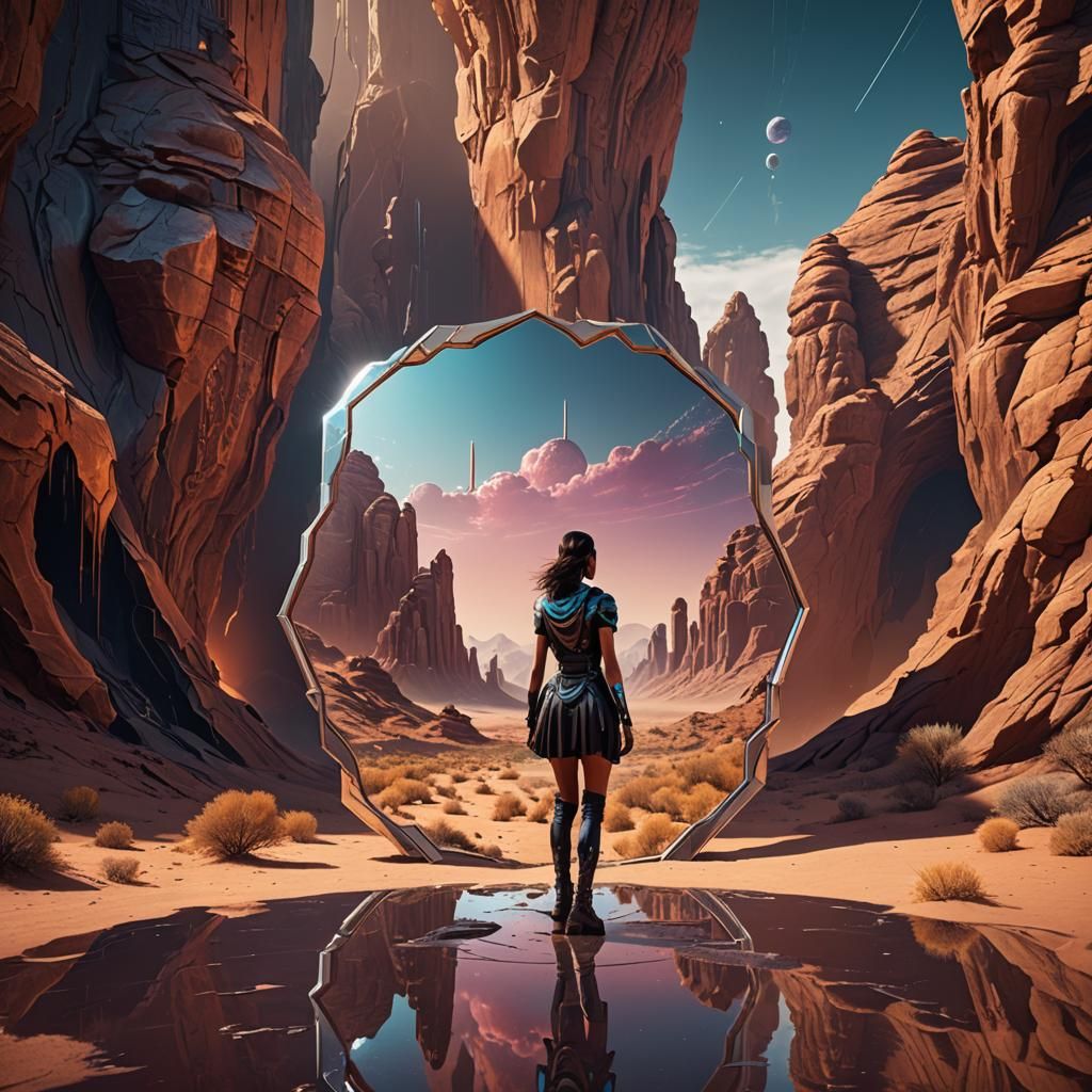 A girl looking at herself walking out of a mirror with a fut...