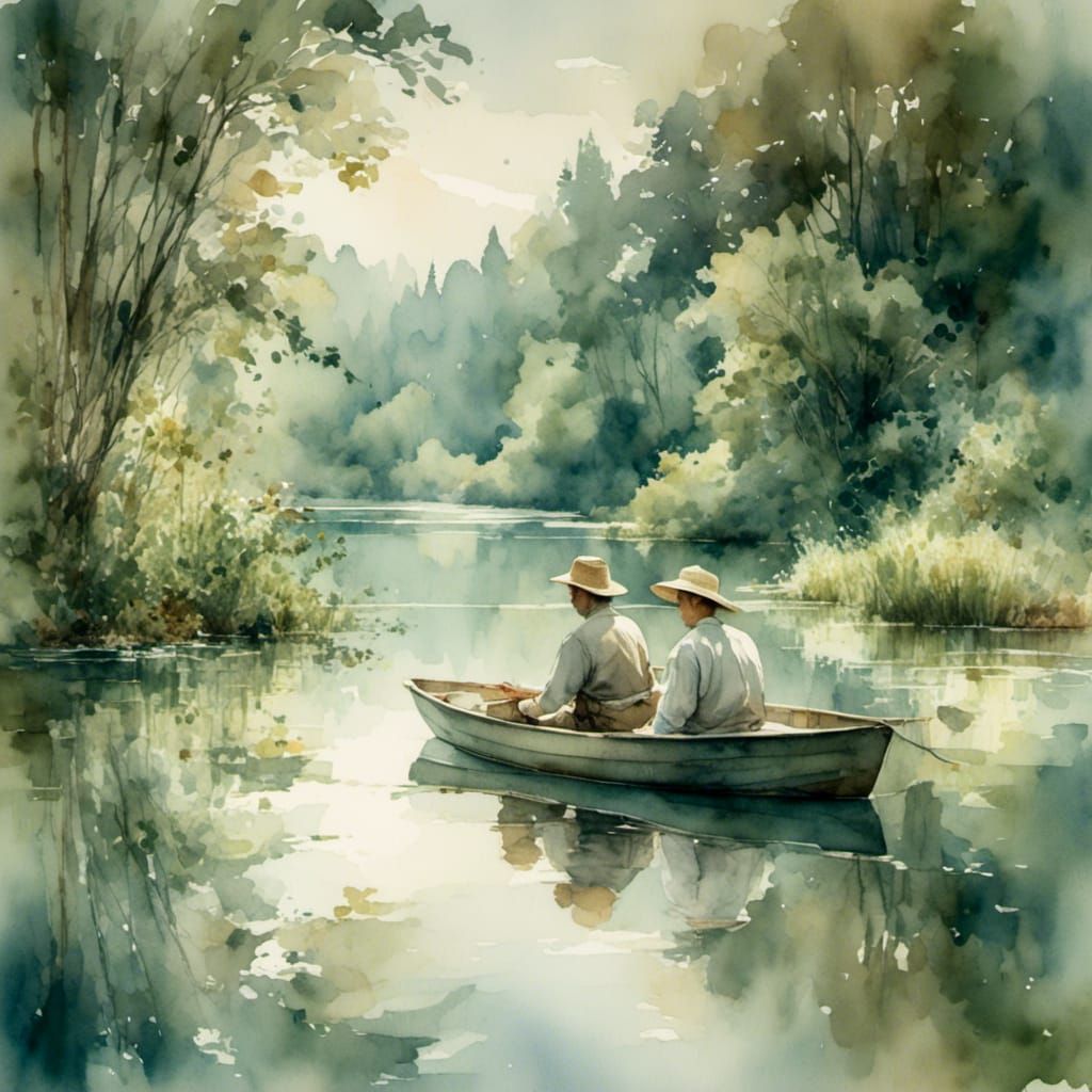 Fisherman in a small boat on a calm lake. 