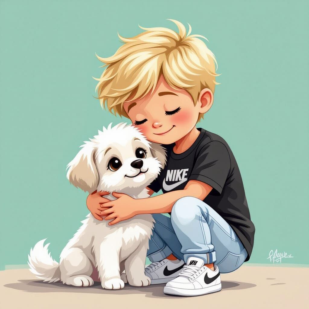 Boy Hugs White Dog in Playful Cartoon Style