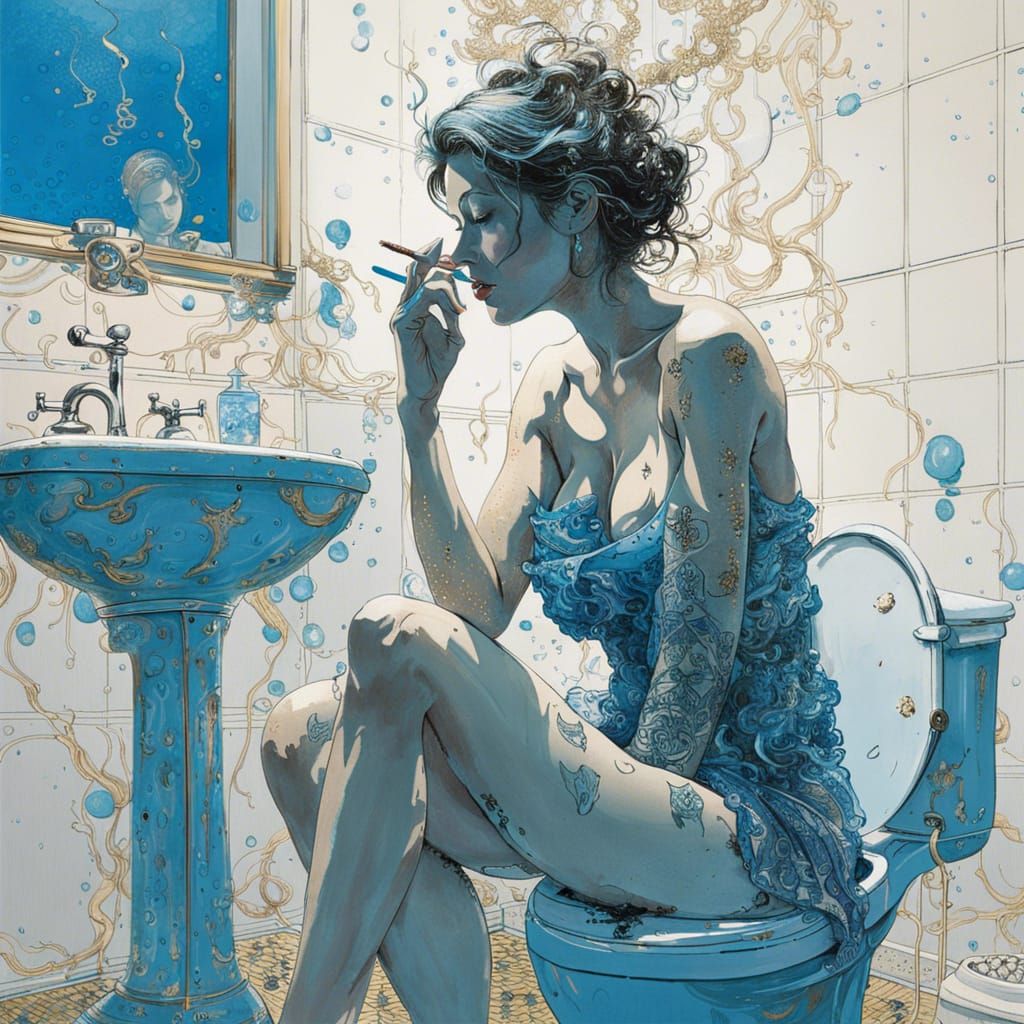 A Woman's Quiet Moment in a Blue Bathroom
