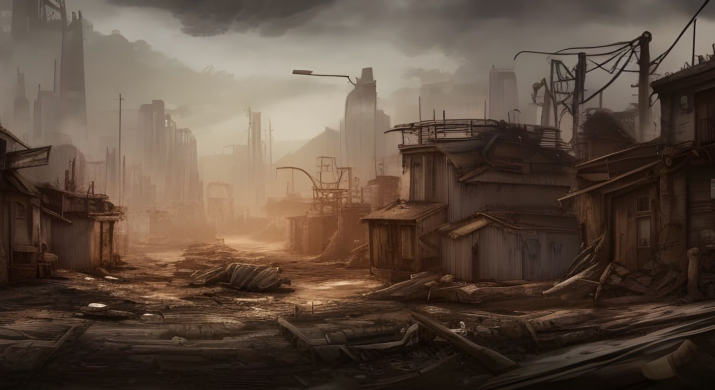 a post apocalyptic neighbourhood, with make shift houses, rusty junk ...