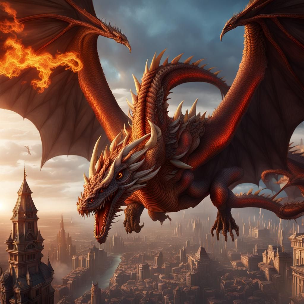 Tiamat, the 5 headed dragon, flies over a major fantasy city and breathes flame over all the buildings. ...  by @razorbladez2112