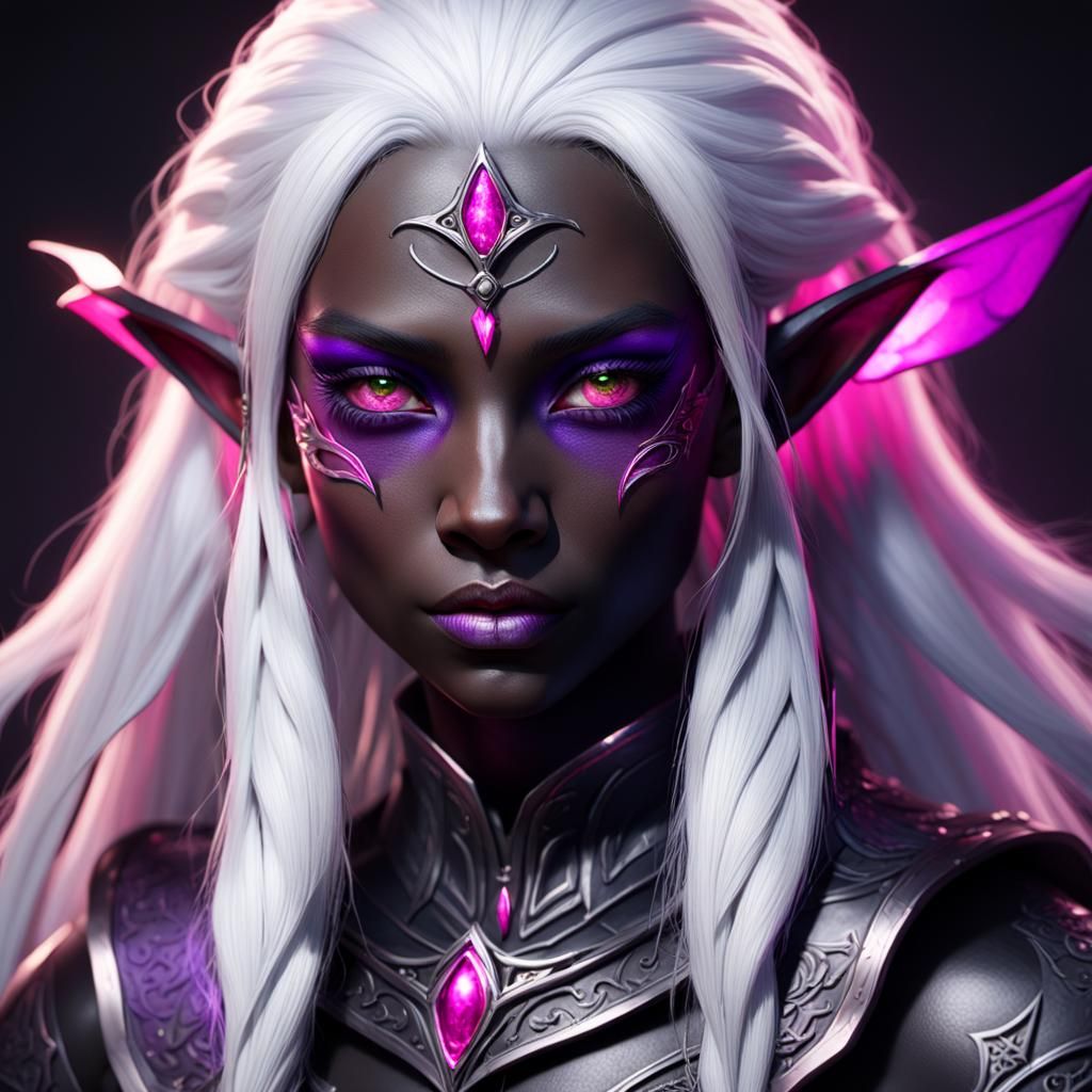 Satin black skin , white hair , bright pink eyed drow elf - AI ...