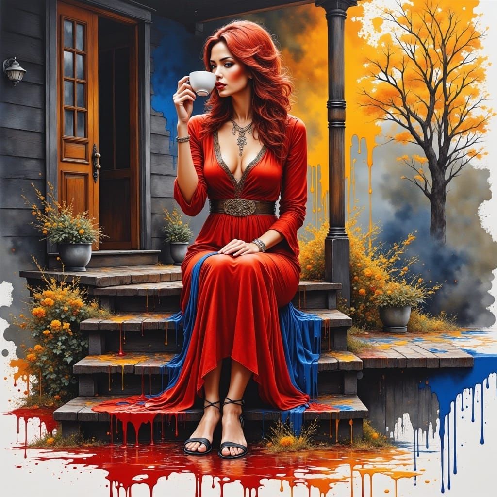<lora:InkSplashFlux:1.0>  A stunning red-haired woman in a red and blue dress drinking coffee on the landing of a rustic house, in an autumn...