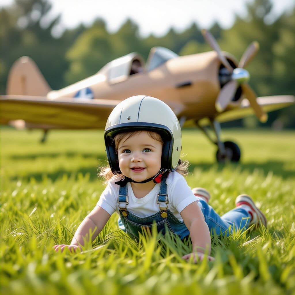 Baby Pilot Flies Cardboard Plane on Blue Sky Lawn