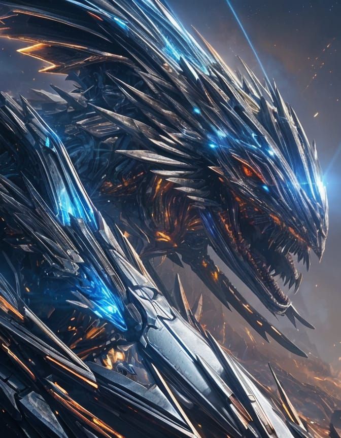 <lora:Suno:1.0> The robatic white, gold, and blue dragon with big wings weapons and breathing red fire in the night
