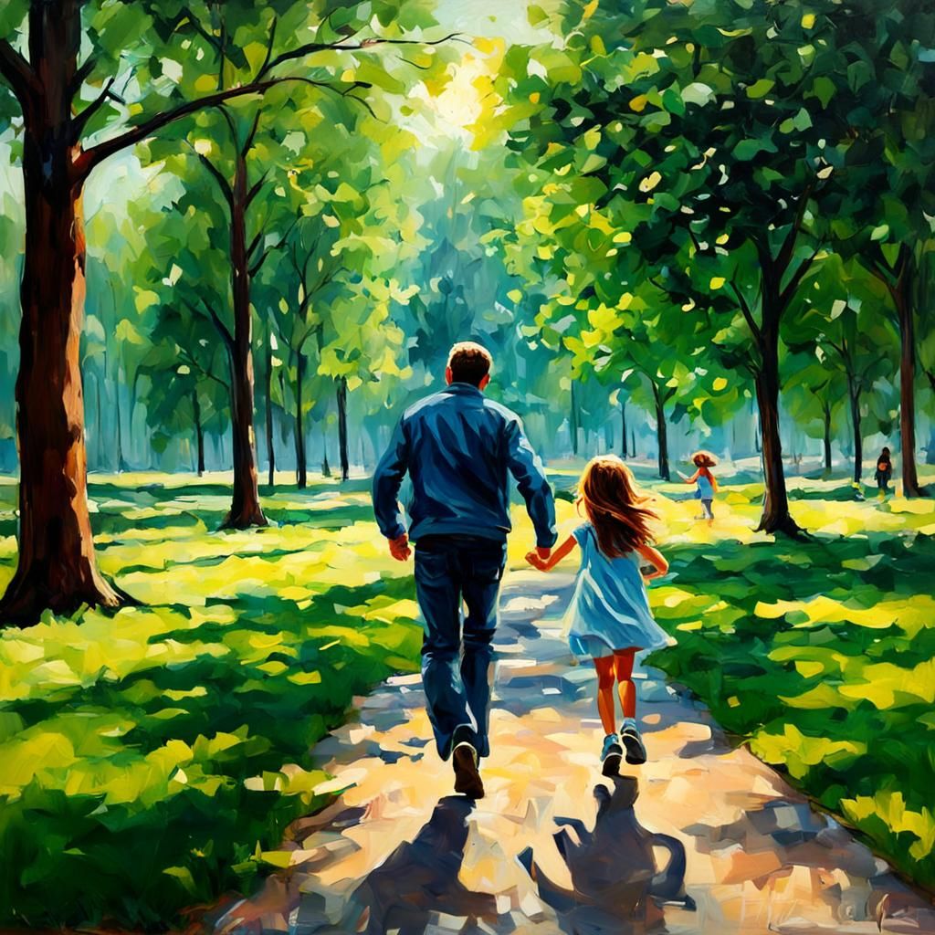 kid daughter runs towards her dad, in park, oil painting  by @ReezArts
