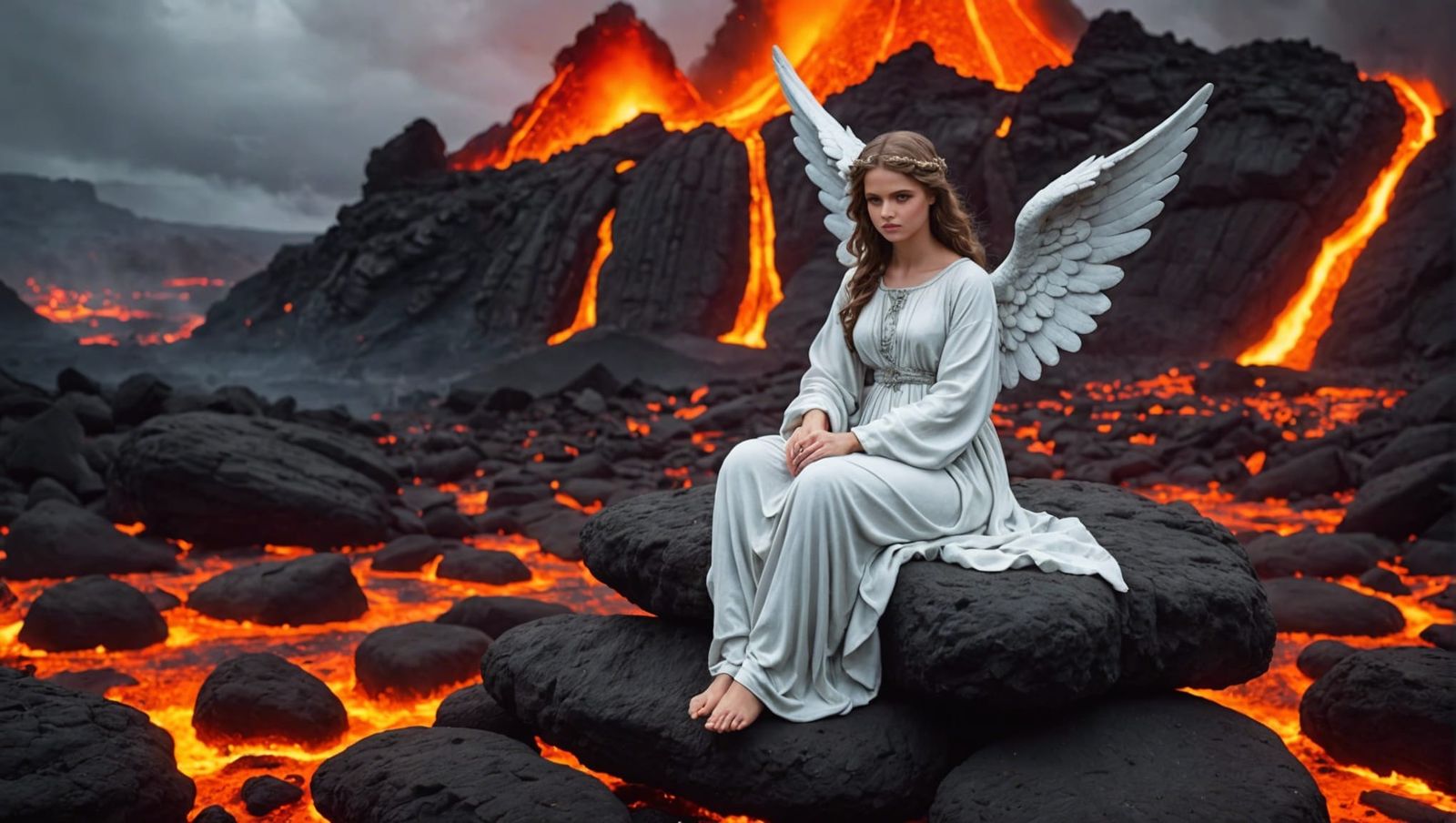 Beautiful angel sits on a stone surrounded by lava - AI Generated ...