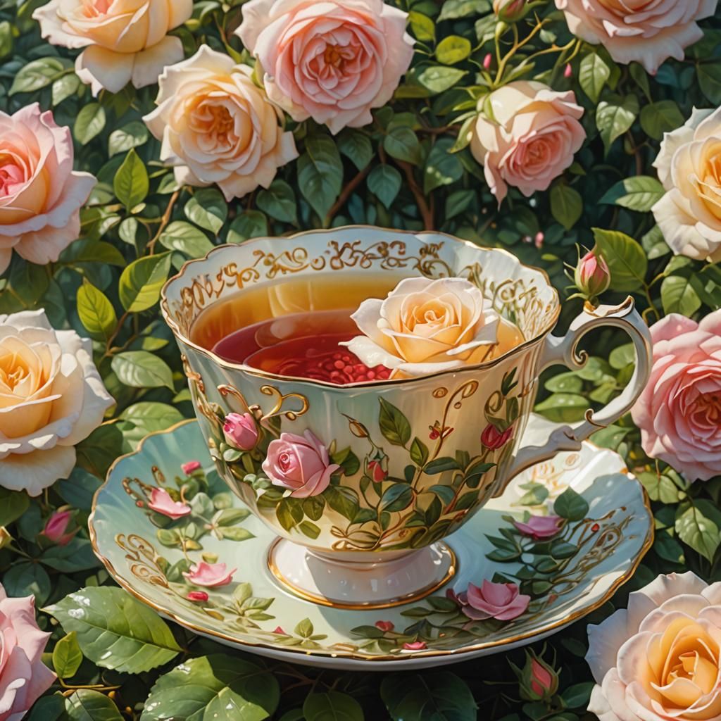 tea cup with a rose garden in the cup