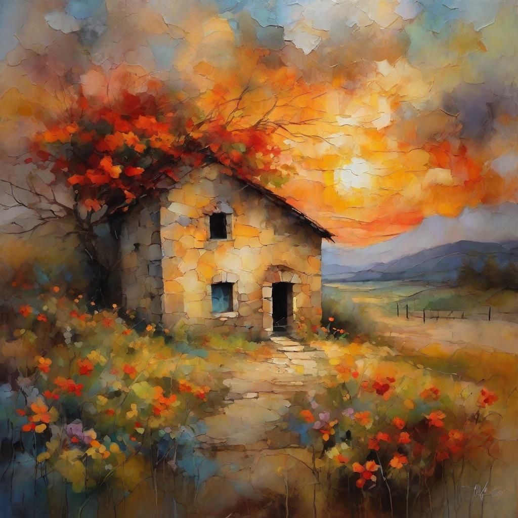 Expressionist Stone House in Golden Light