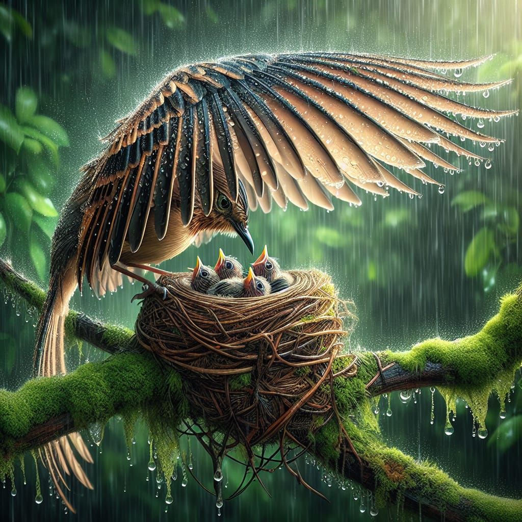 A bird sheltering its chicks in a large nest during a rainstorm.   by @PhilippeP 