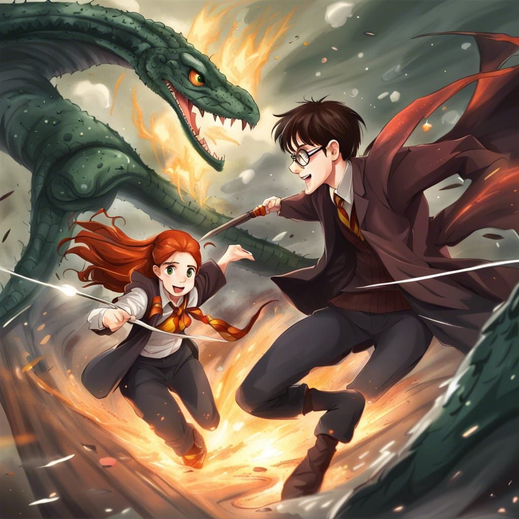 Harry Potter and Ginny Weasley fighting against the Basilisk