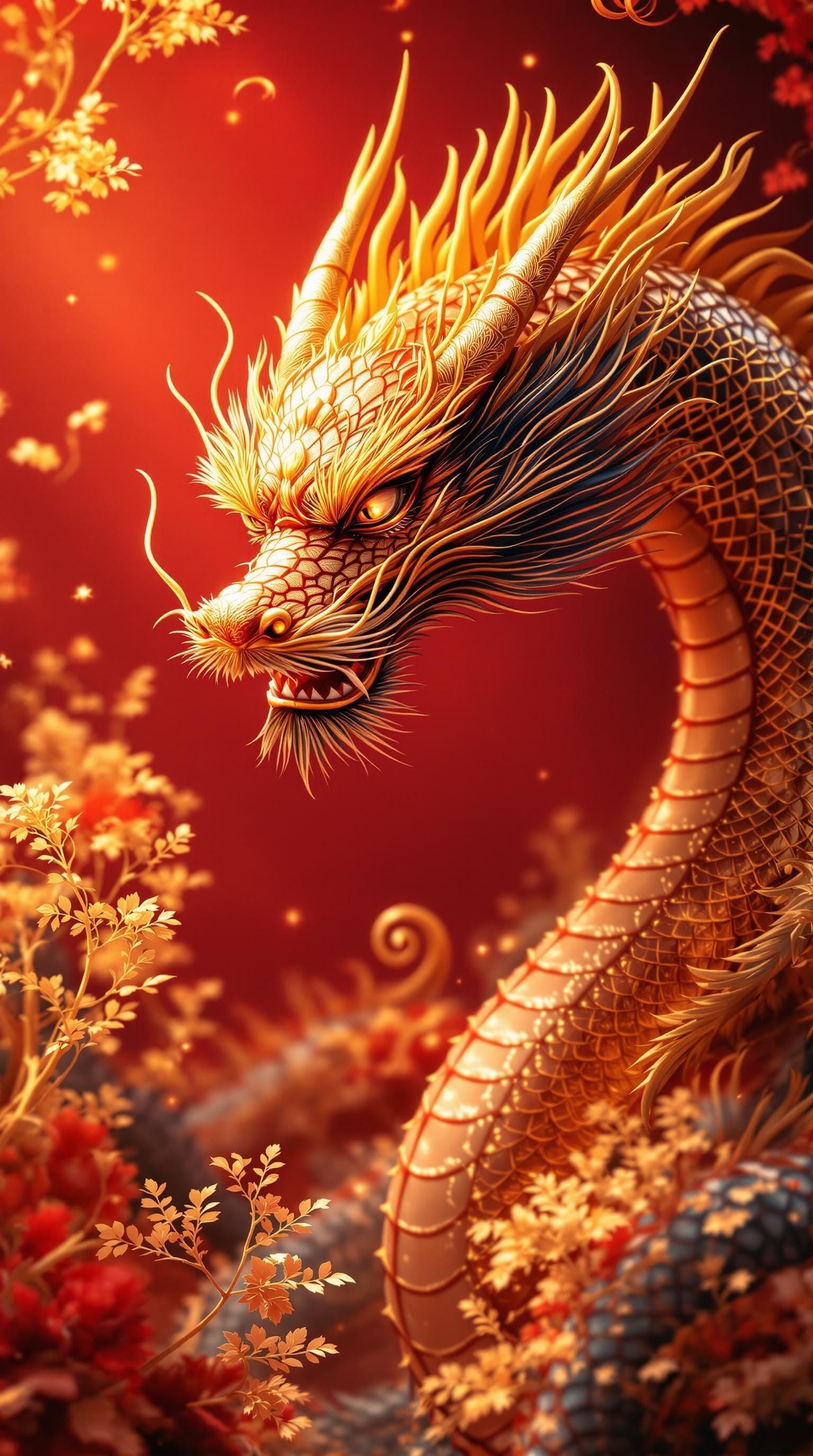 Chinese New Year，covered with gold plants，chinese dragon，red...