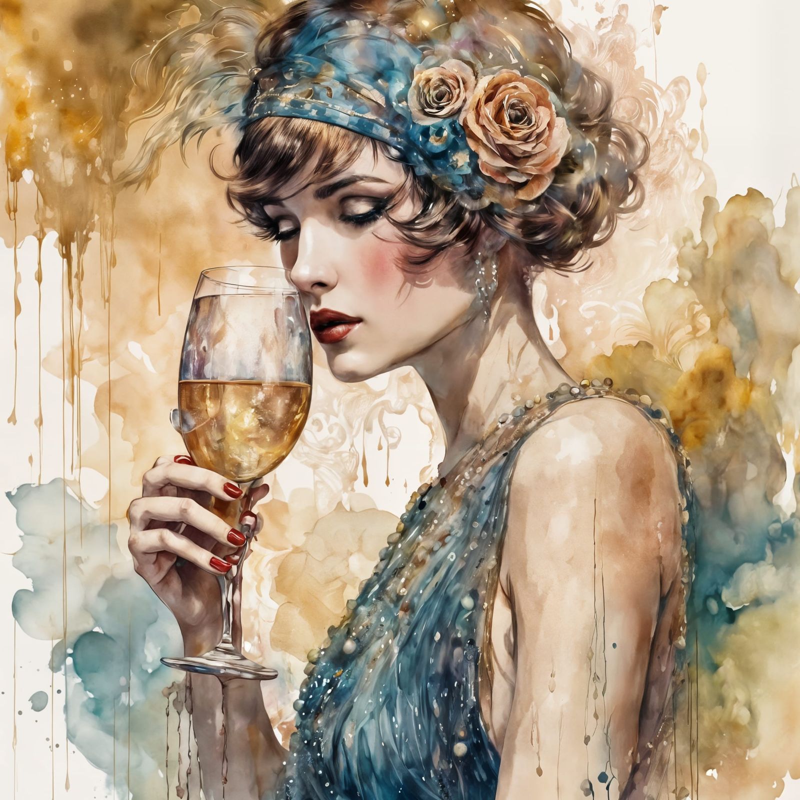 A flapper girl in a beaded dress sips champagne.