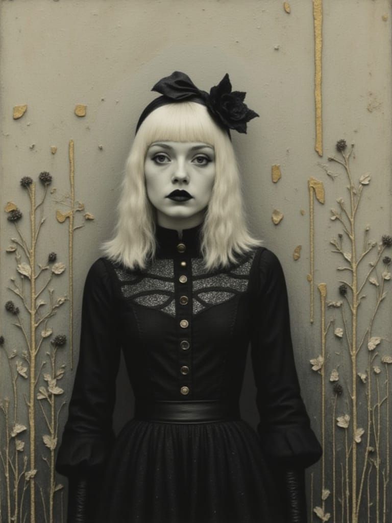 A modern day Goth girl, albino white hair, deathly pale skin, white lace dress with a white atmospheric background collage <lora:Atmosphere ...