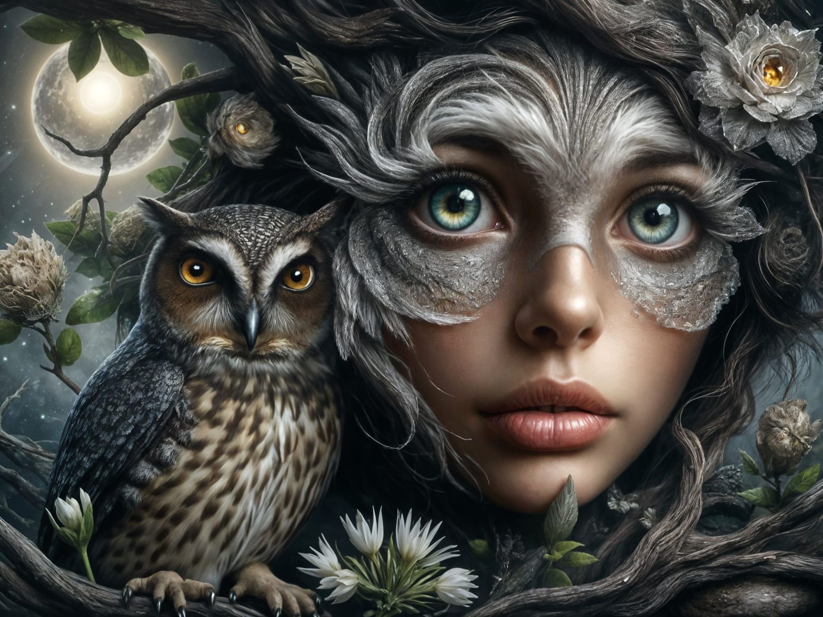 <lora:FiosNatureFusion:1.0> Owl eyes of the Night Forest
