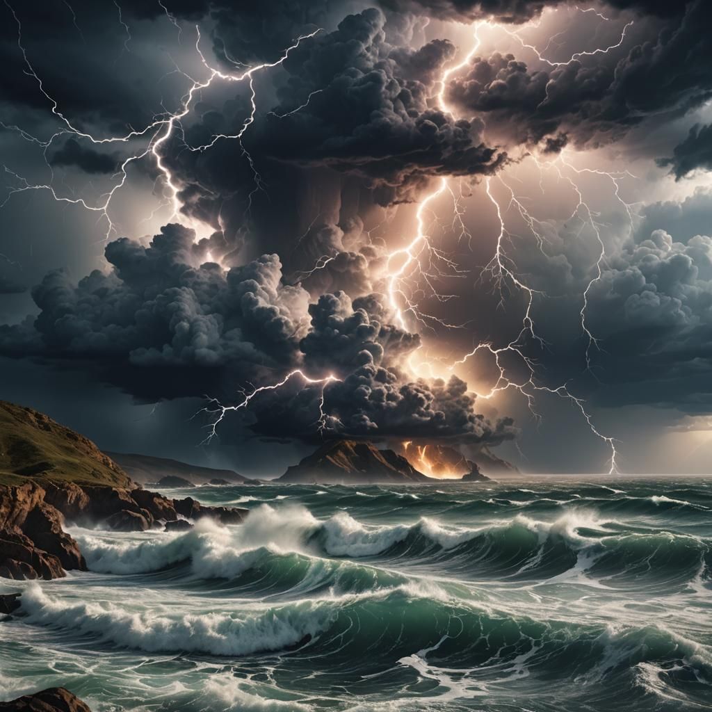 Dramatic lightning over turbulent sea