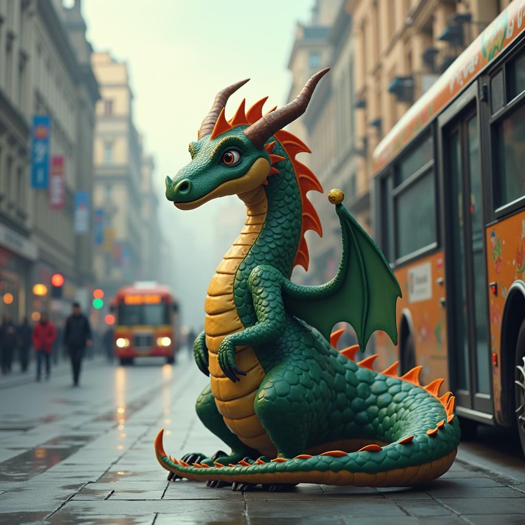 A dragon waiting for a city bus