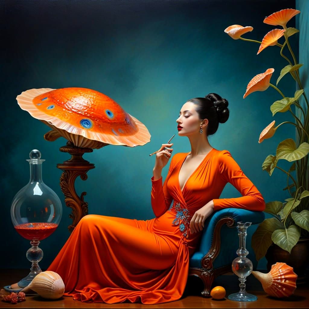 Surrealistic Portrait of a Happy Lady in a Whimsical Scene