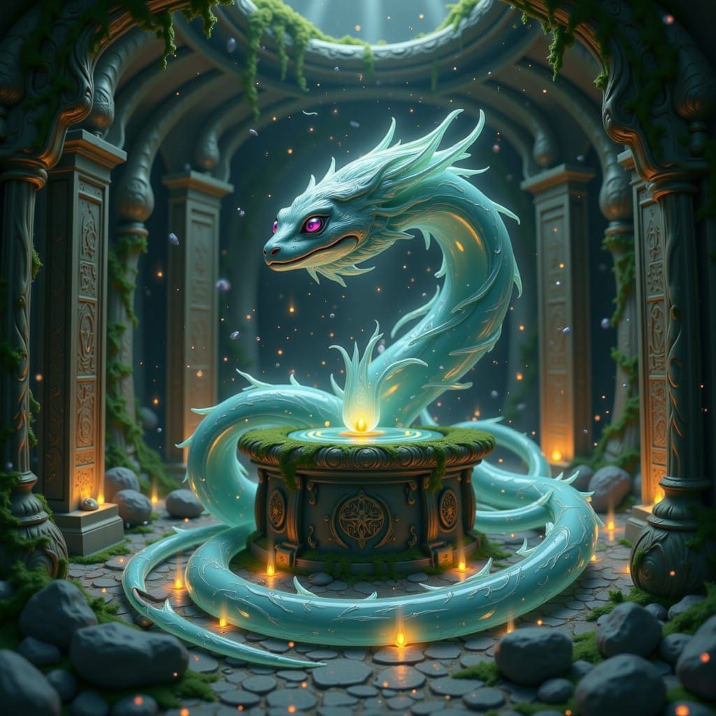 Spectral, glowing snake-like entity, Enduring Tenacity, with an otherworldly head, faintly glowing eyes, and delicate patterns across its se...