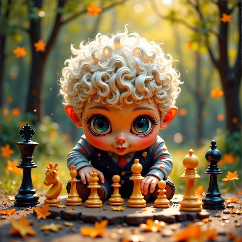  <lora:chibi-eyed doll:1.0> grandpa playing chess in park, hot summers day. cute chibi-eyed doll.