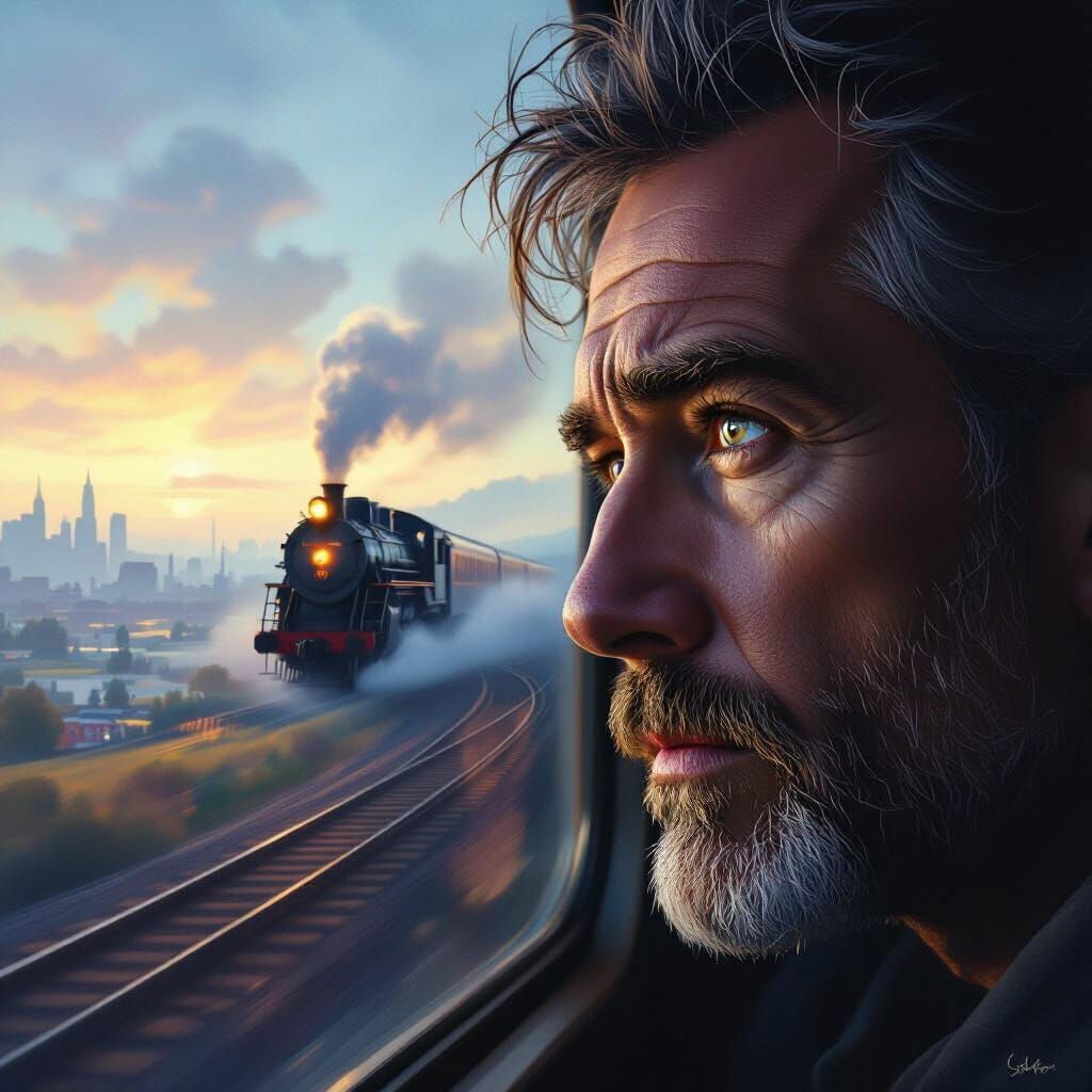 Introspective Face with Dreamy Train Landscape