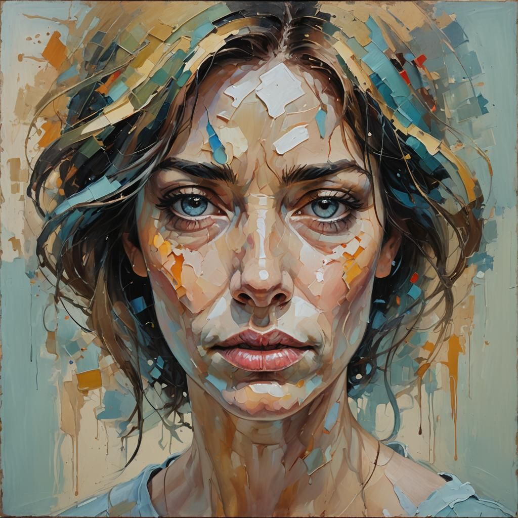 Abstract oil painting of a woman's face, sadness, light back...