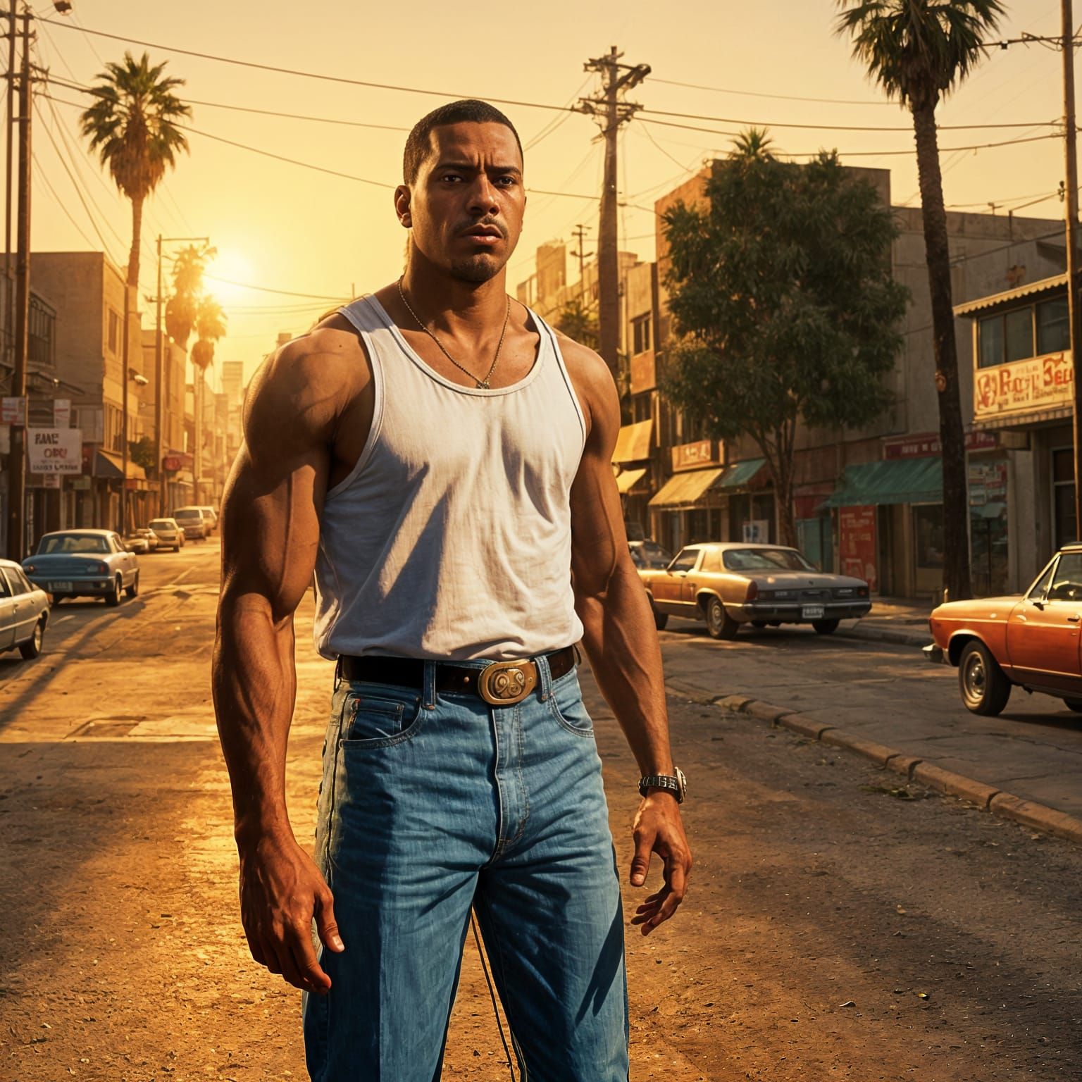 haz a carl jonson de gta san andreas como persona real, moreno, con su camisilla de tirantas blancas (la camisilla totalmente blanca, sin me...