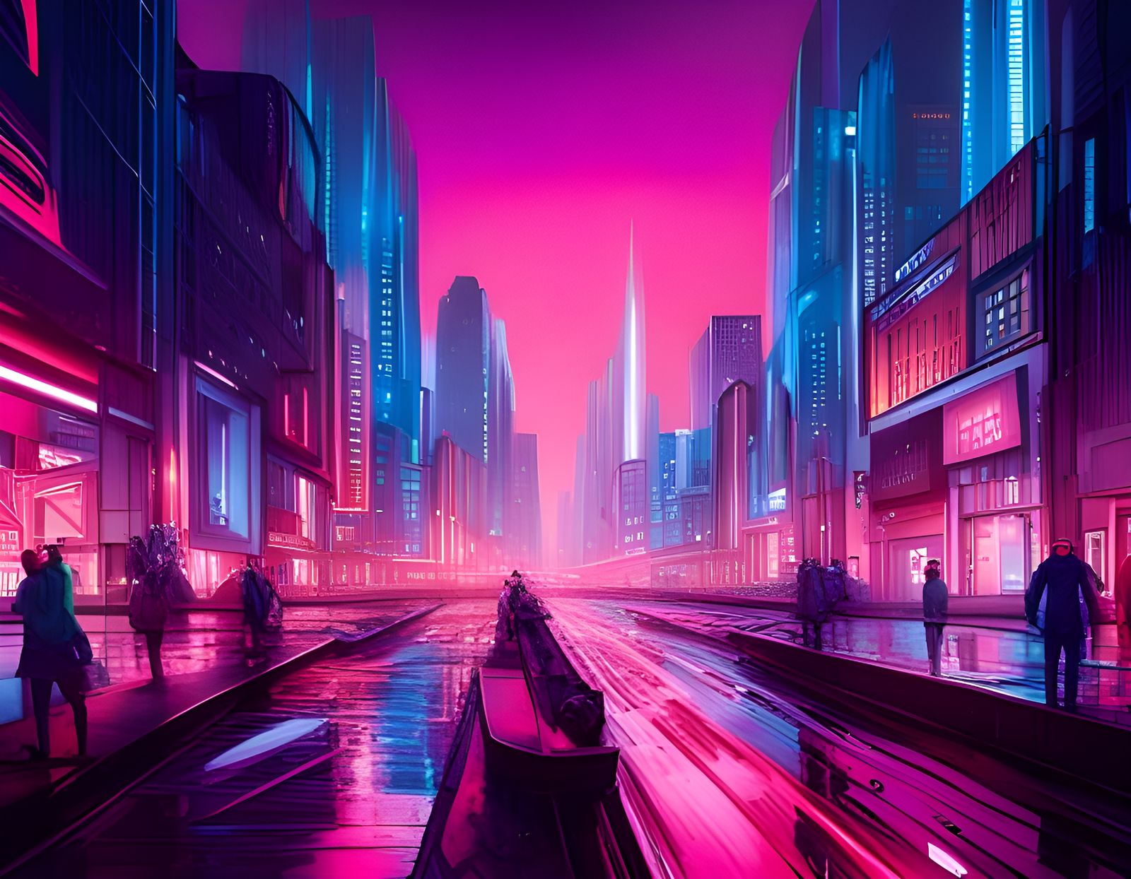 Bright Futuristic dystopian City, crowded streets, ominous a...