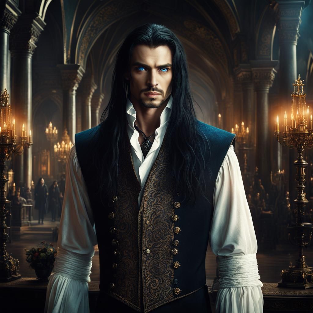 An Elegantly Handsome Vampire with piercing blue eyes, and l...