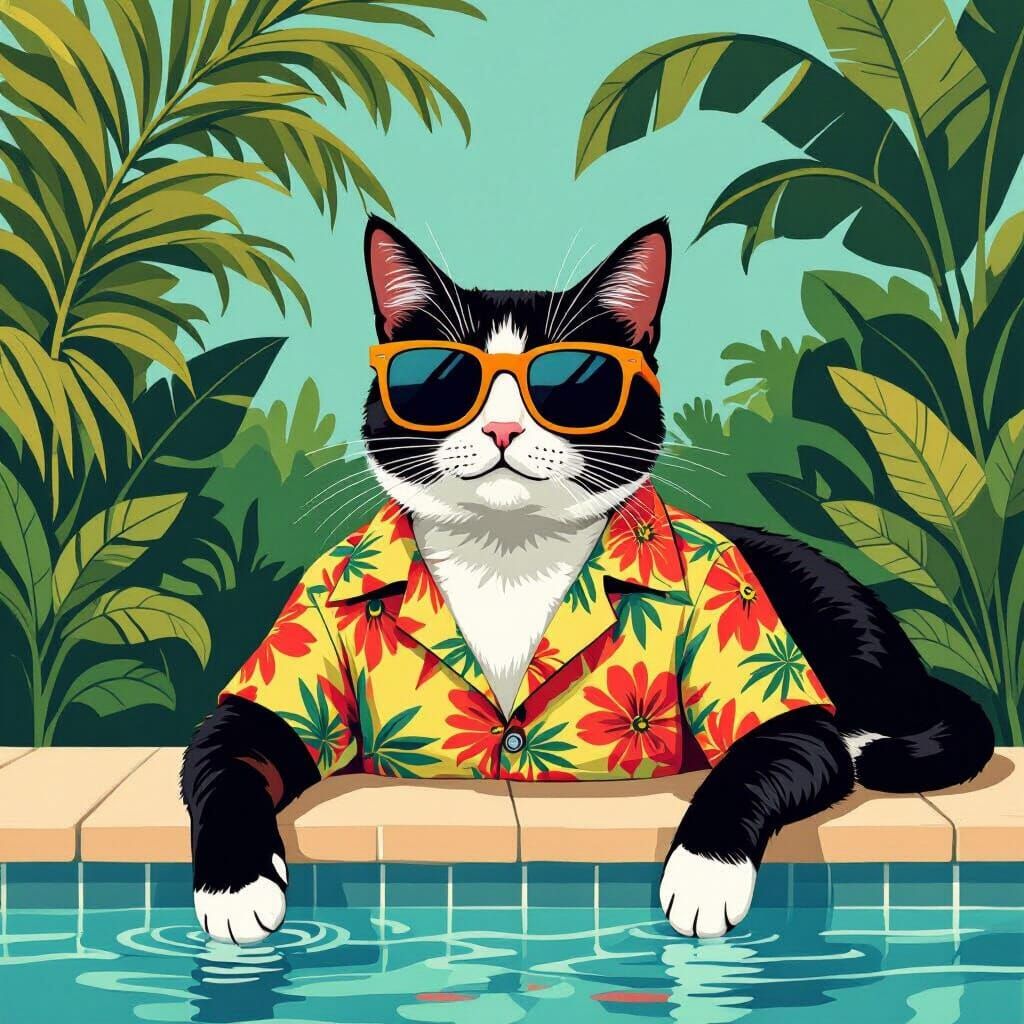 A cat wearing sunhttps://creator.nightcafe.studio/creation/xaJwTiETt4uNoYFZdUji/just-playglasses by the pool