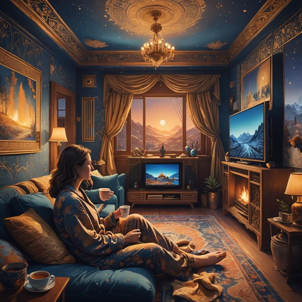 Description: A person in cozy home clothes, such as pajamas,...